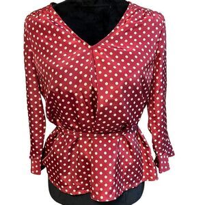 Skies Are Blue brick red and tan polka dot tie waist short length blouse size SP
